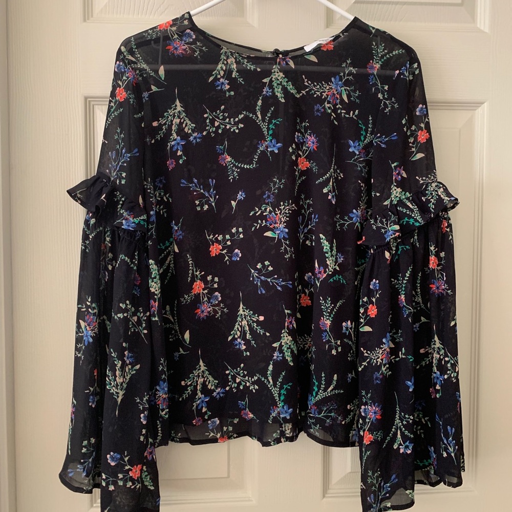Navy, floral blouse